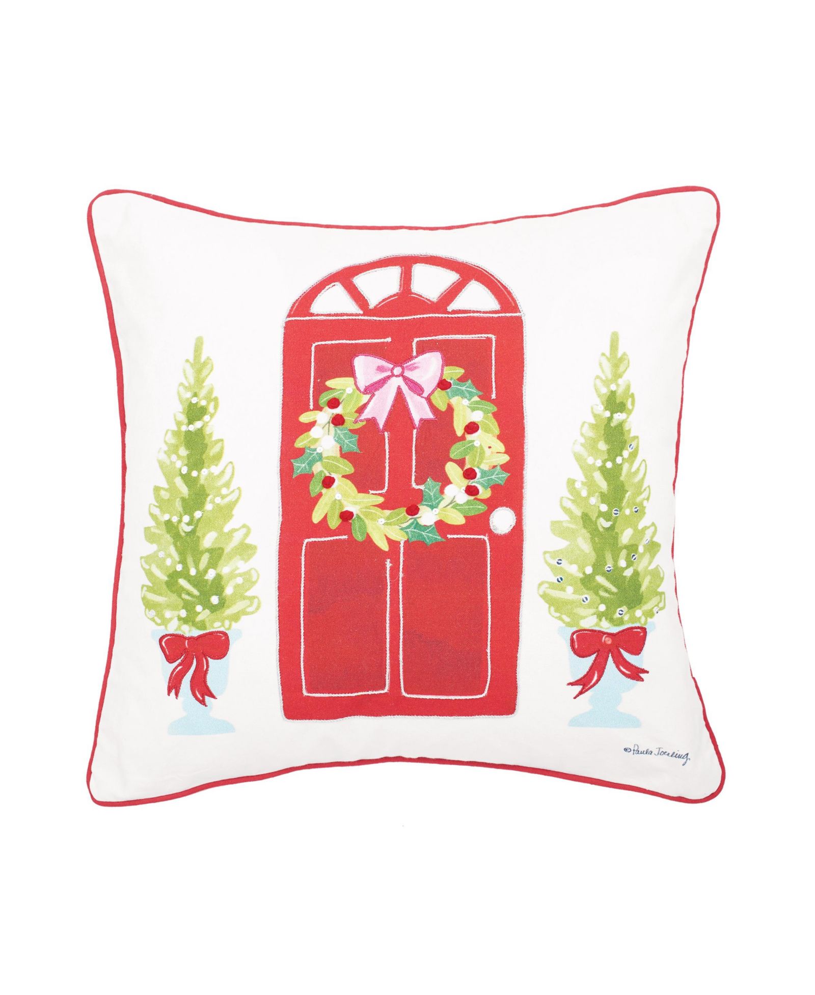 Door Wreath Printed and Embellished Christmas Throw Pillow, 18" x 18"