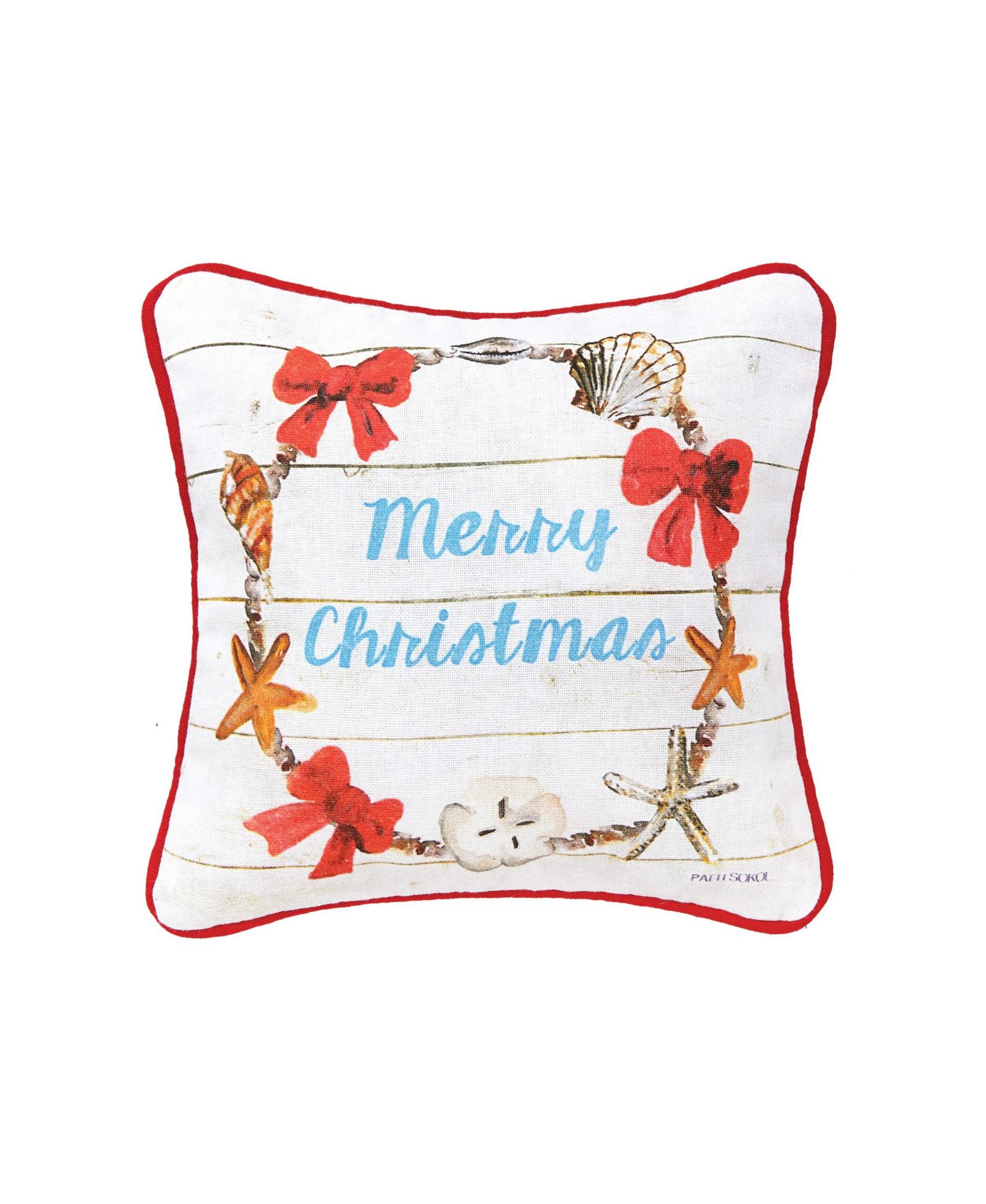 Merry Christmas Shell Wreath Printed and Woven Small/Petite Pillow, 8" x 8"