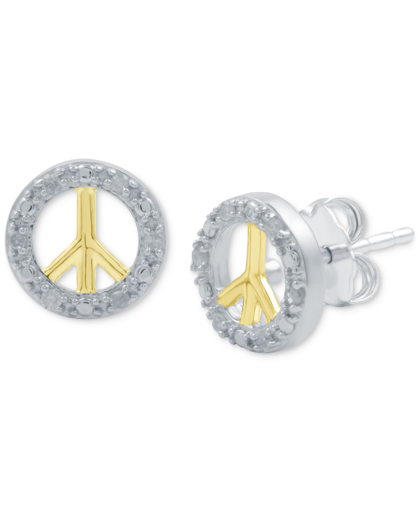 Diamond Peace Sign Stud Earrings (1/10 ct. t.w.) in Sterling Silver & 14k Gold-Plate