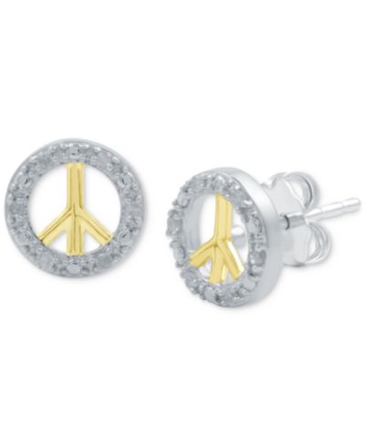 Diamond Peace Sign Stud Earrings (1/10 ct. t.w.) in Sterling Silver & 14k Gold-Plate