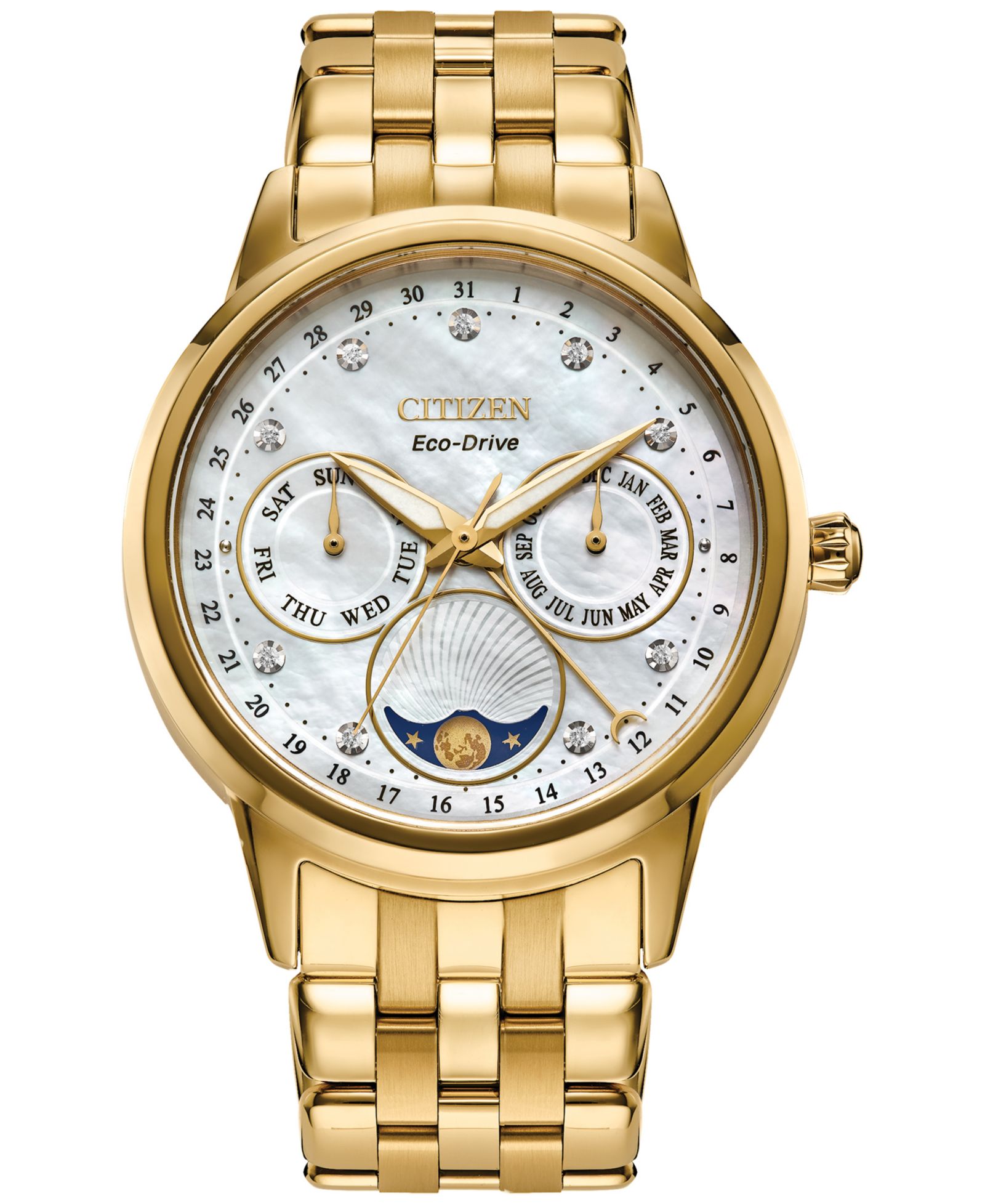 Часы Citizen Eco-Drive Women's Calendrier Diamond-Accent Gold-Tone Stainless Steel Bracelet 37mm