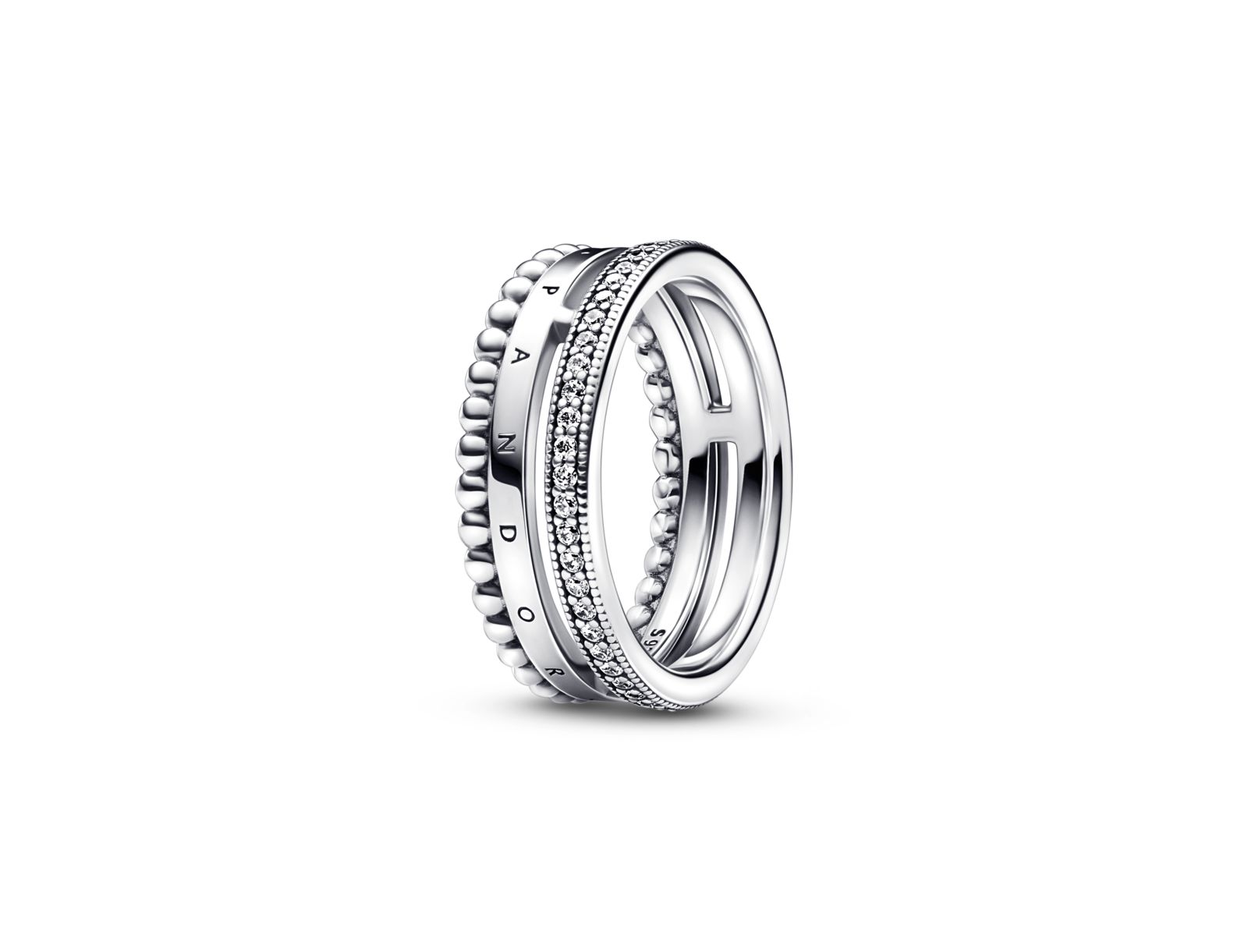 Кольцо Pandora Sterling Silver Signature Logo Pavé and Beads