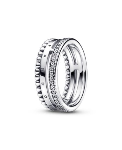 Кольцо Pandora Sterling Silver Signature Logo Pavé and Beads