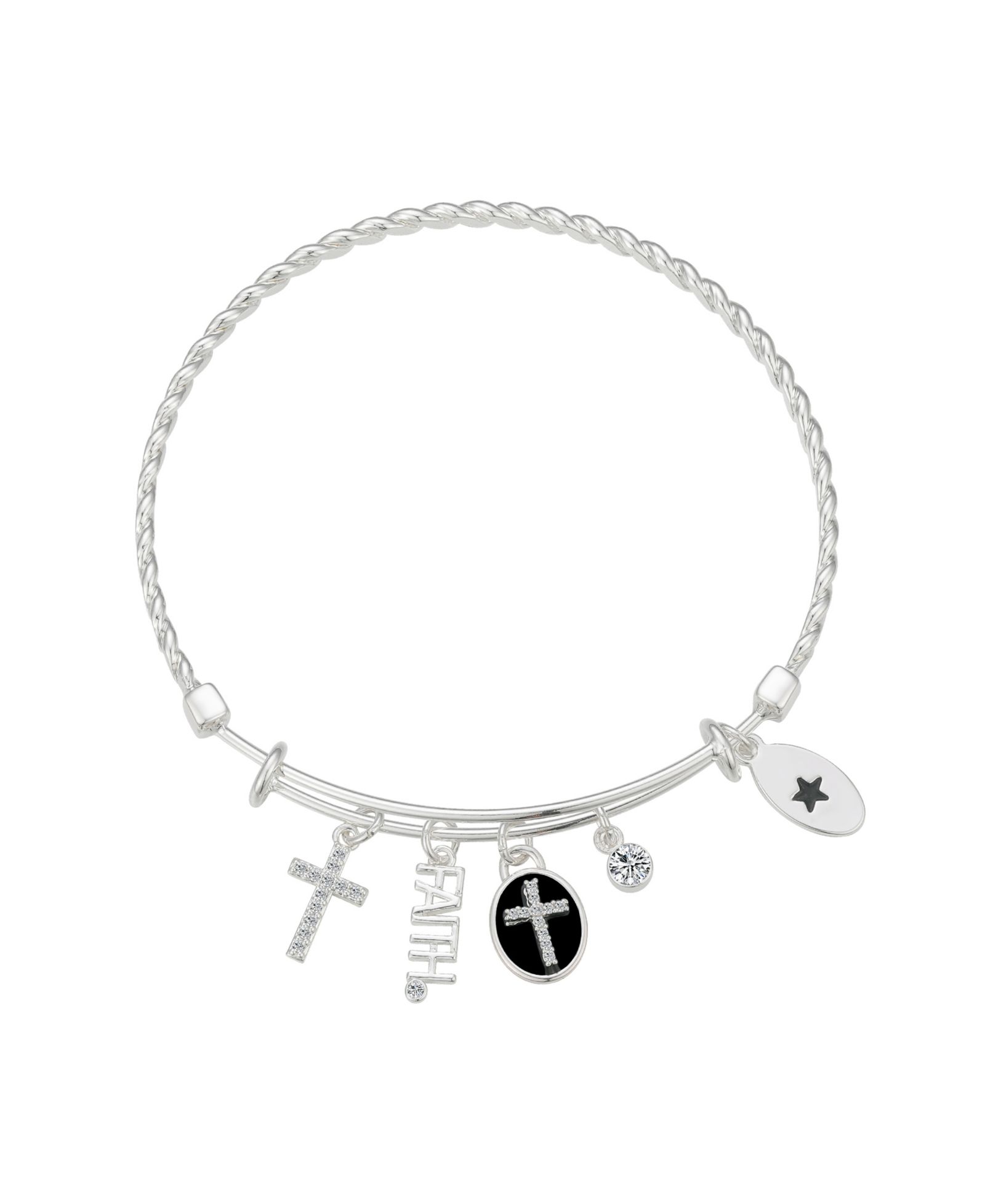 Unwritten Silver-Plated Cross "Faith" Multi Charm Twist Design Bangle Bracelet