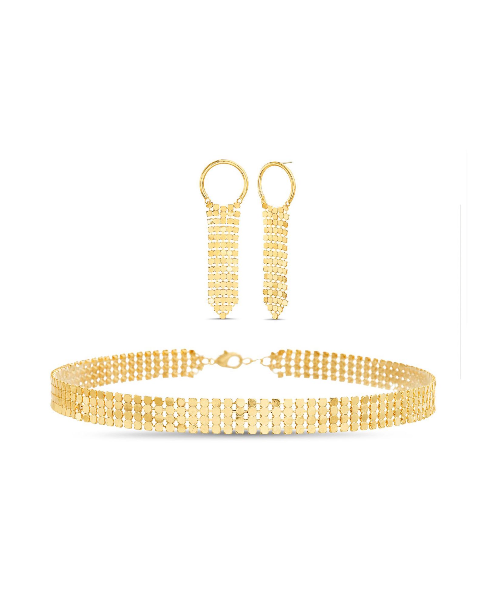 kensie Boxed Hoop and Chain Mail Fringe Dangle Post Earrings with Chain Mail Choker Necklace Set, 2 Piece