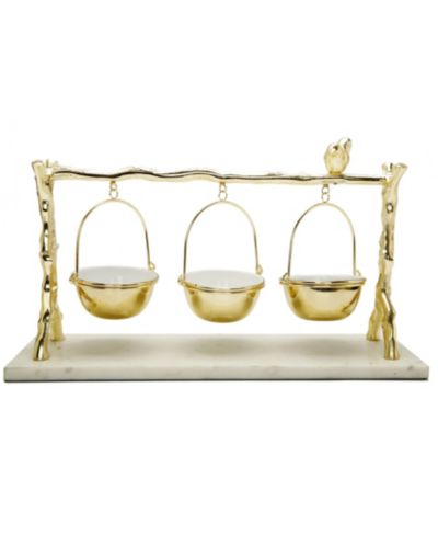 Classic Touch 3 Hanging Bowls on Branch and Bird Stand with Marble Base
