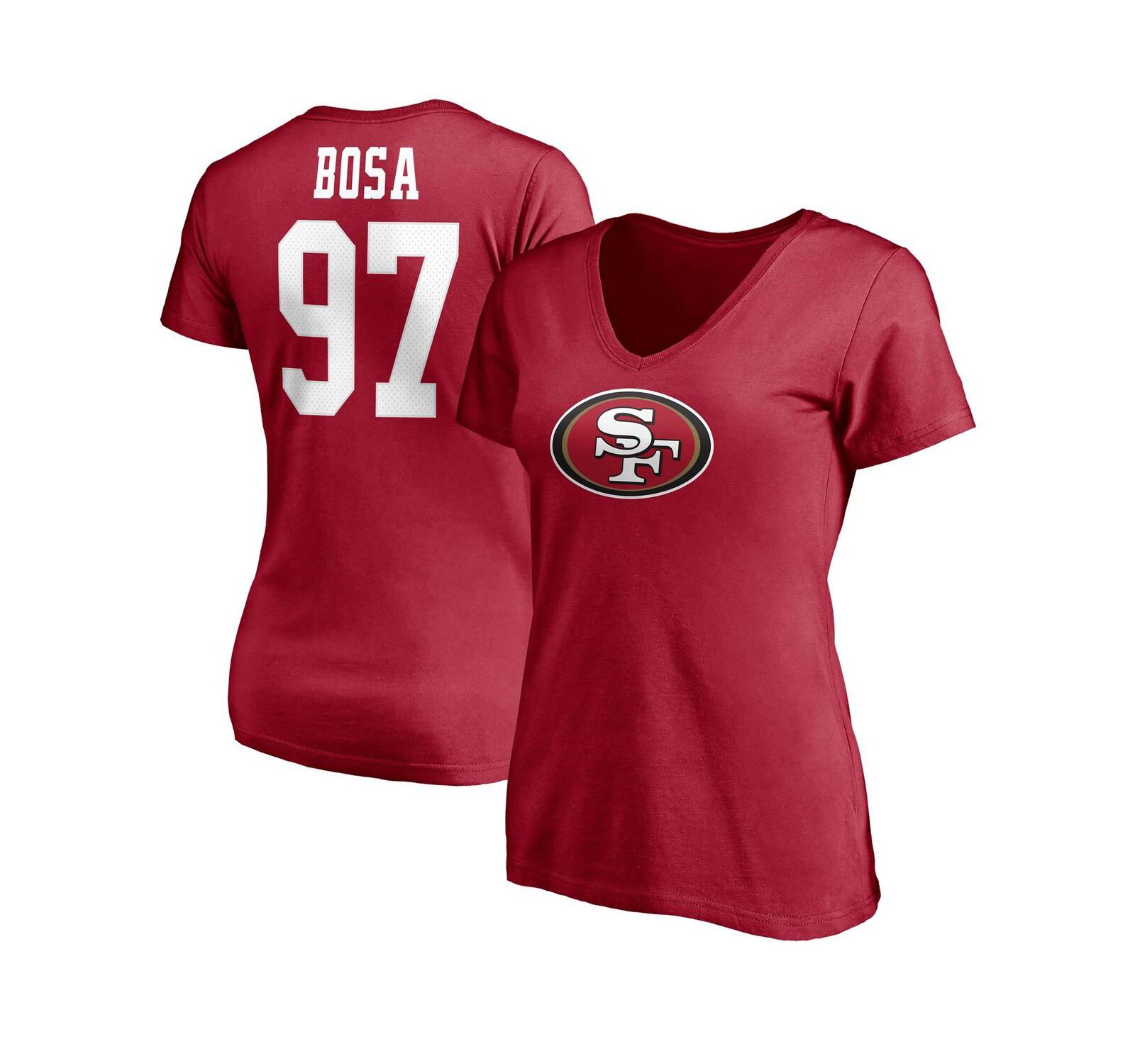 Women's Fanatics Nick Bosa Scarlet San Francisco 49ers Player Icon Name and Number V-Neck T-shirt