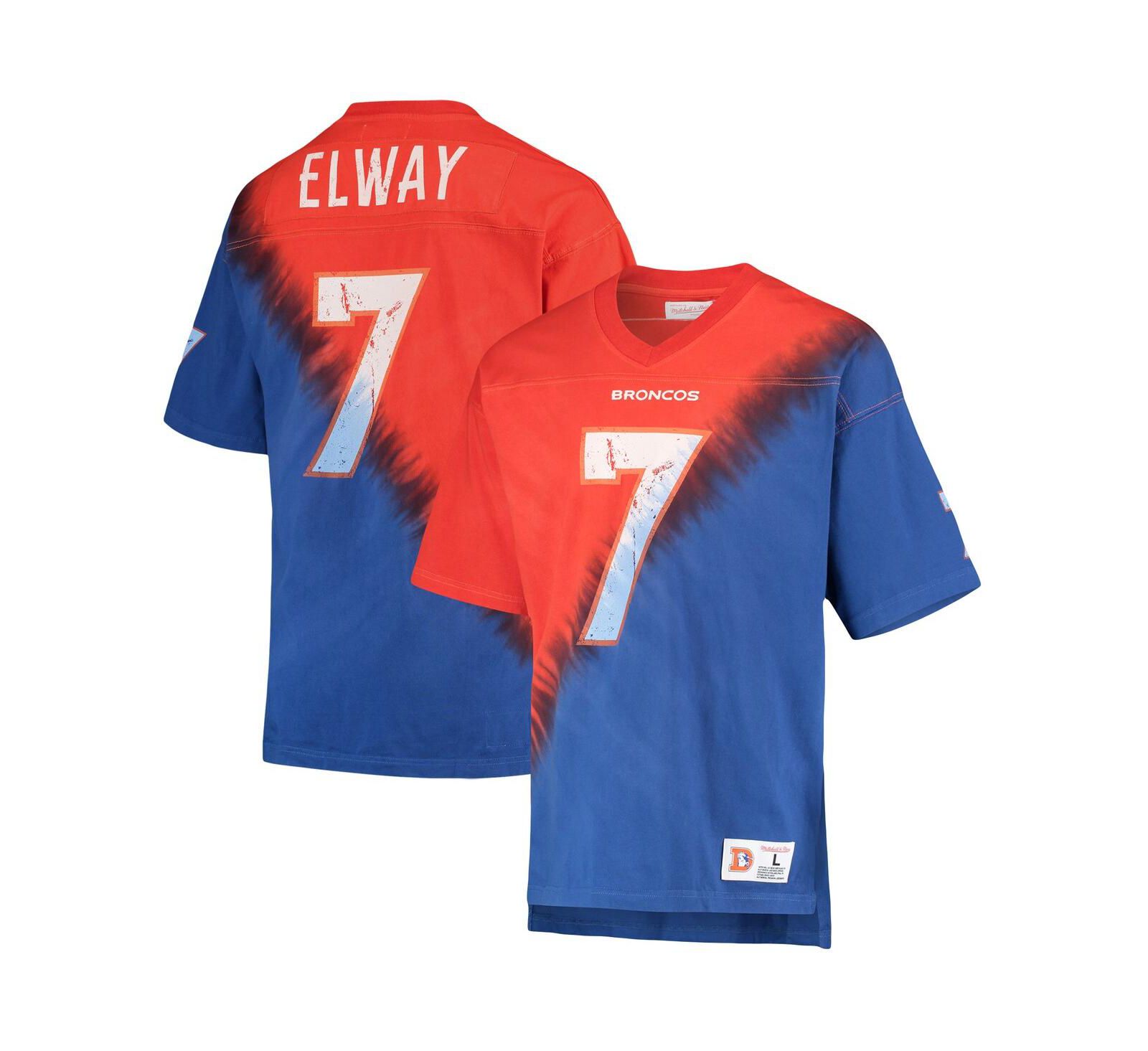 Men's Mitchell & Ness John Elway Orange, Royal Denver Broncos Retired Player Name and Number Diagonal Tie-Dye V-Neck T-shirt