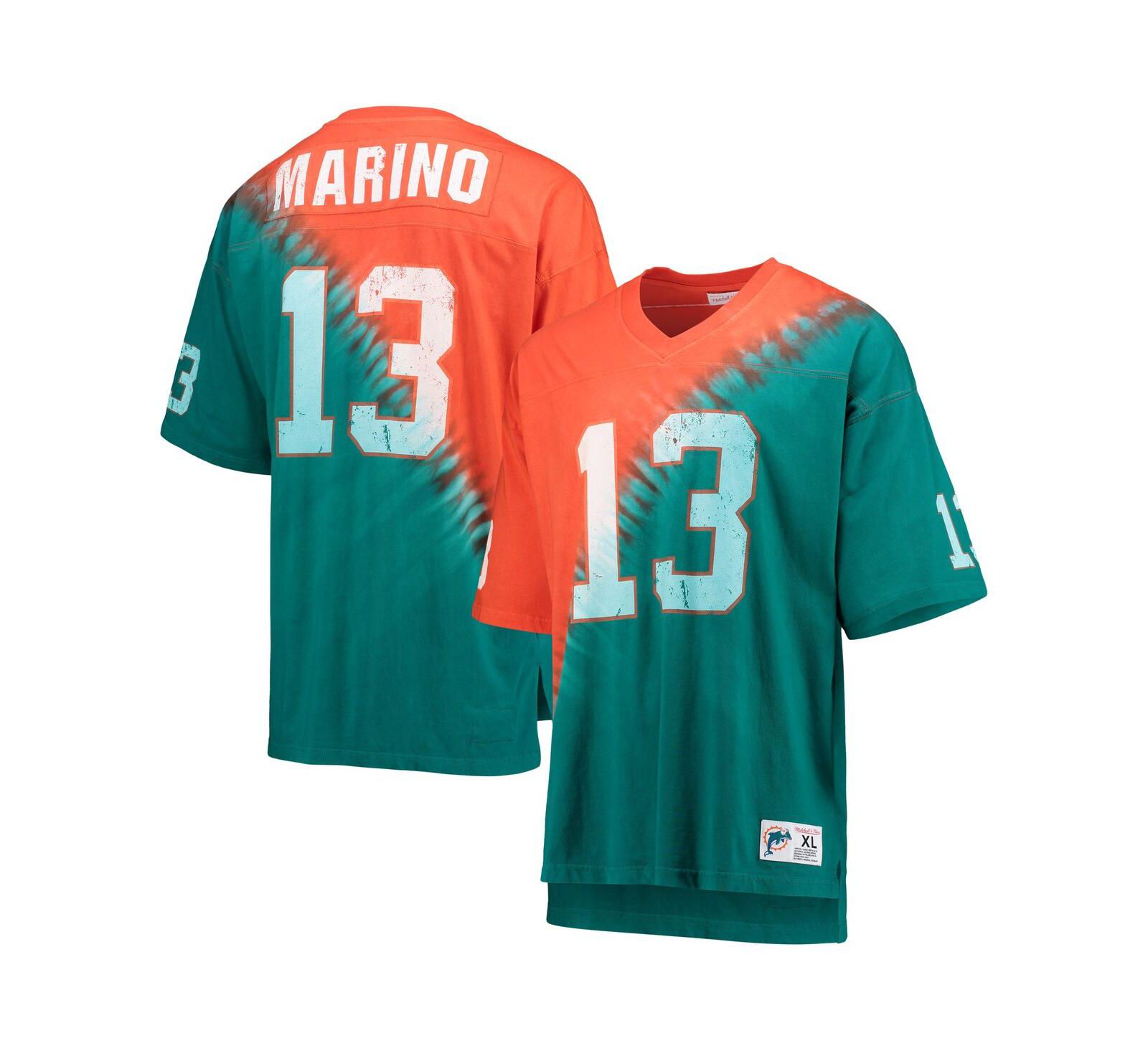 Men's Mitchell & Ness Dan Marino Orange, Aqua Miami Dolphins Retired Player Name and Number Diagonal Tie-Dye V-Neck T-shirt