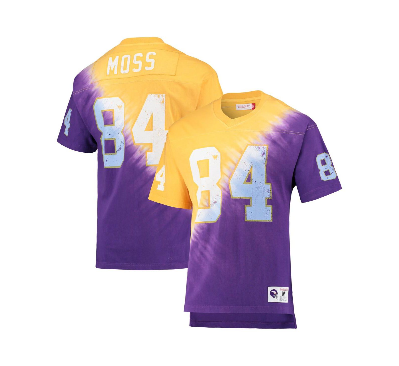 Men's Mitchell & Ness Randy Moss Gold, Purple Minnesota Vikings Retired Player Name and Number Diagonal Tie-Dye V-Neck T-shirt