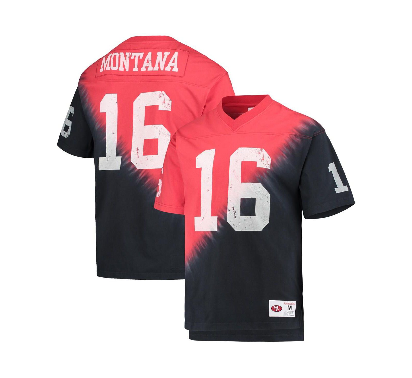 Men's Mitchell & Ness Joe Montana Black, Red San Francisco 49ers Retired Player Name & Number Diagonal Tie-Dye V-Neck T-shirt