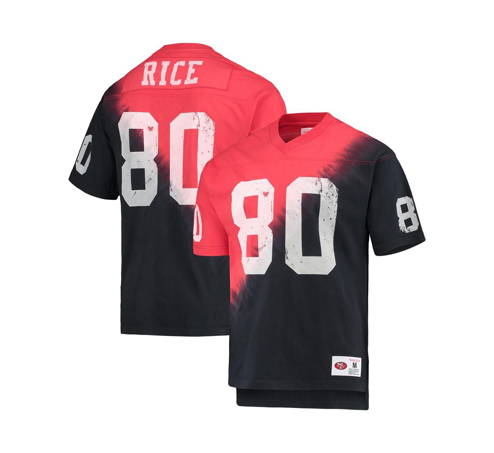Men's Mitchell & Ness Jerry Rice Black, Red San Francisco 49ers Retired Player Name and Number Diagonal Tie-Dye V-Neck T-shirt