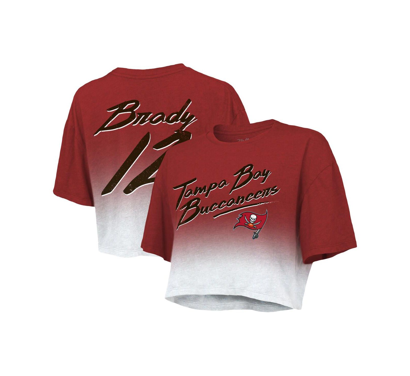 Women's Majestic Threads Tom Brady Red, White Tampa Bay Buccaneers Drip-Dye Player Name and Number Tri-Blend Crop T-shirt