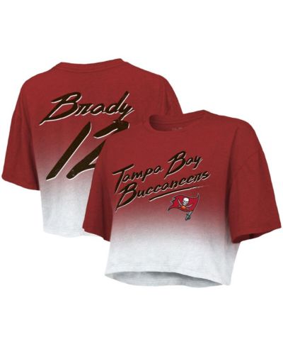 Women's Majestic Threads Tom Brady Red, White Tampa Bay Buccaneers Drip-Dye Player Name and Number Tri-Blend Crop T-shirt