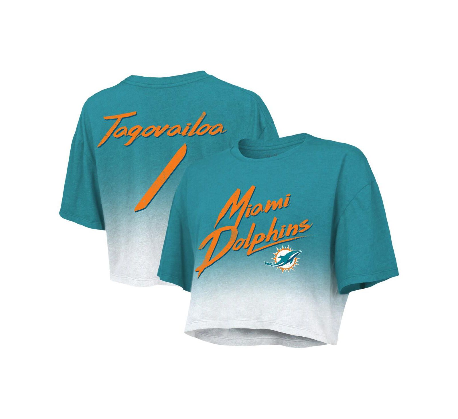Женский укороченный трикотажный кроп-топ Majestic Threads Tua Tagovailoa Aqua, White Miami Dolphins Drip-Dye