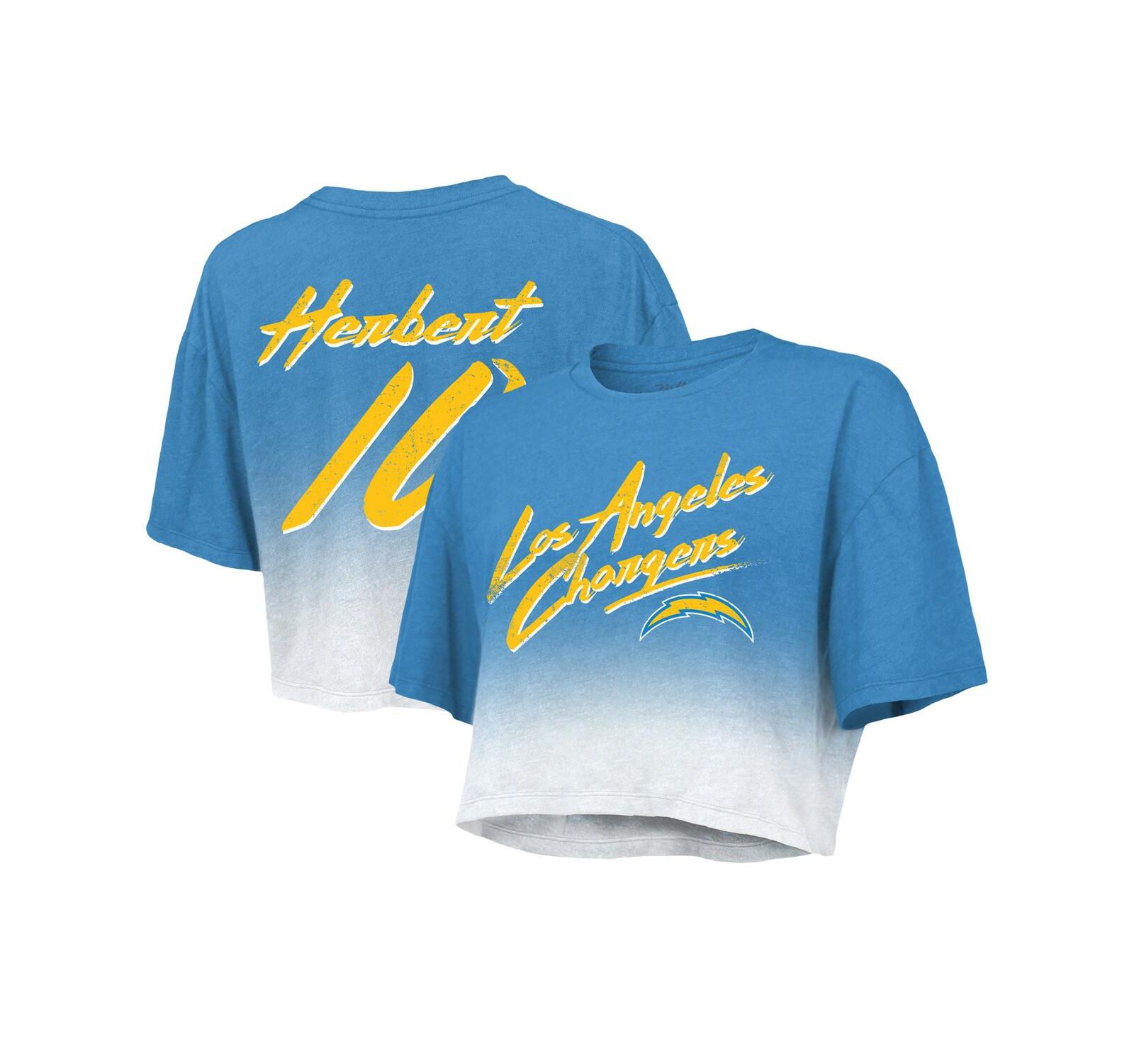 Women's Majestic Threads Justin Herbert Powder Blue, White Los Angeles Chargers Drip-Dye Player Name and Number Tri-Blend Crop T-shirt