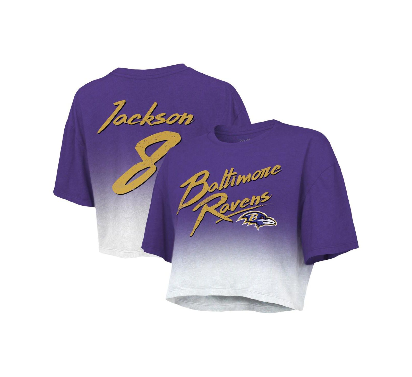 Женская укороченная футболка Majestic Threads Lamar Jackson Purple, White Baltimore Ravens Drip-Dye Player Name and Number Tri-Blend