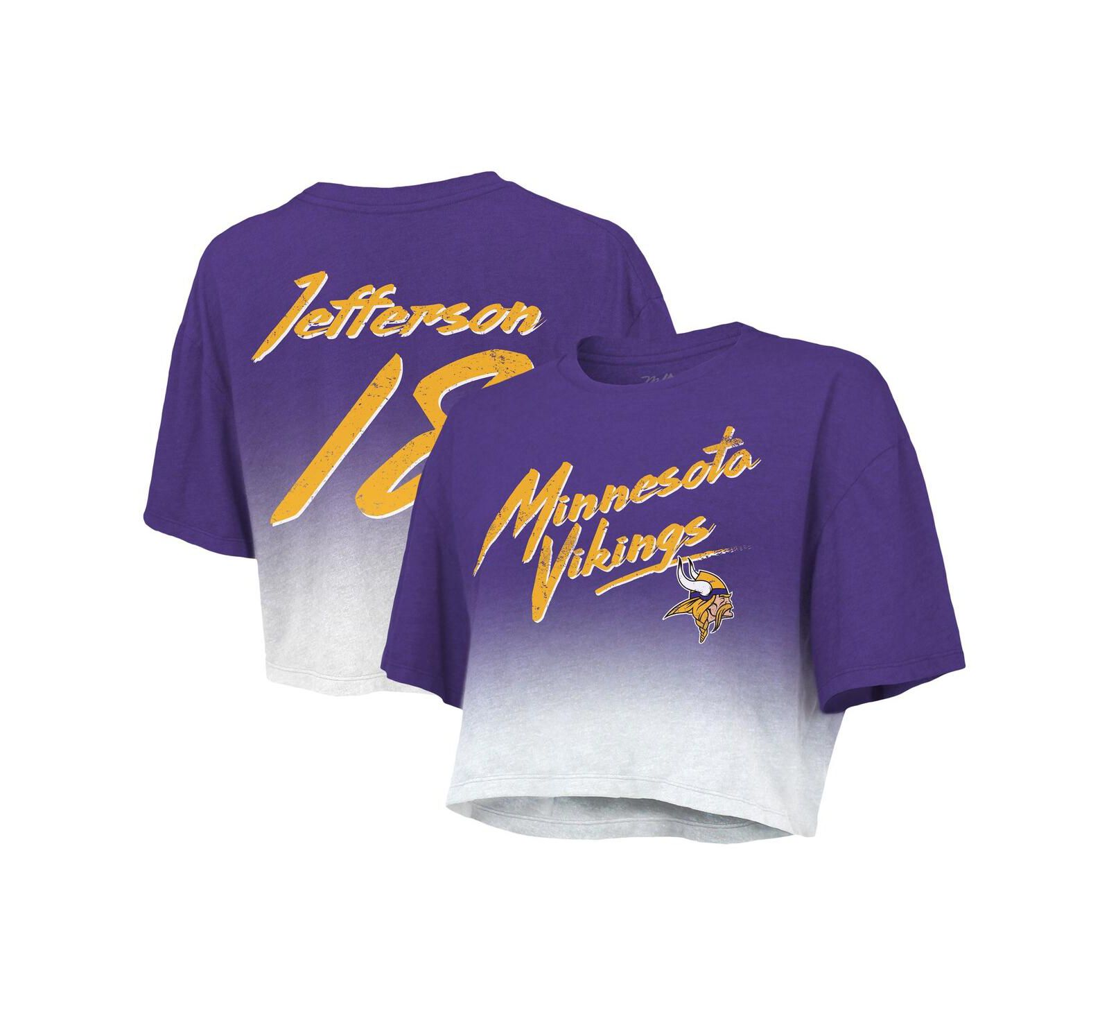 Women's Majestic Threads Justin Jefferson Purple, White Minnesota Vikings Drip-Dye Player Name and Number Tri-Blend Crop T-shirt