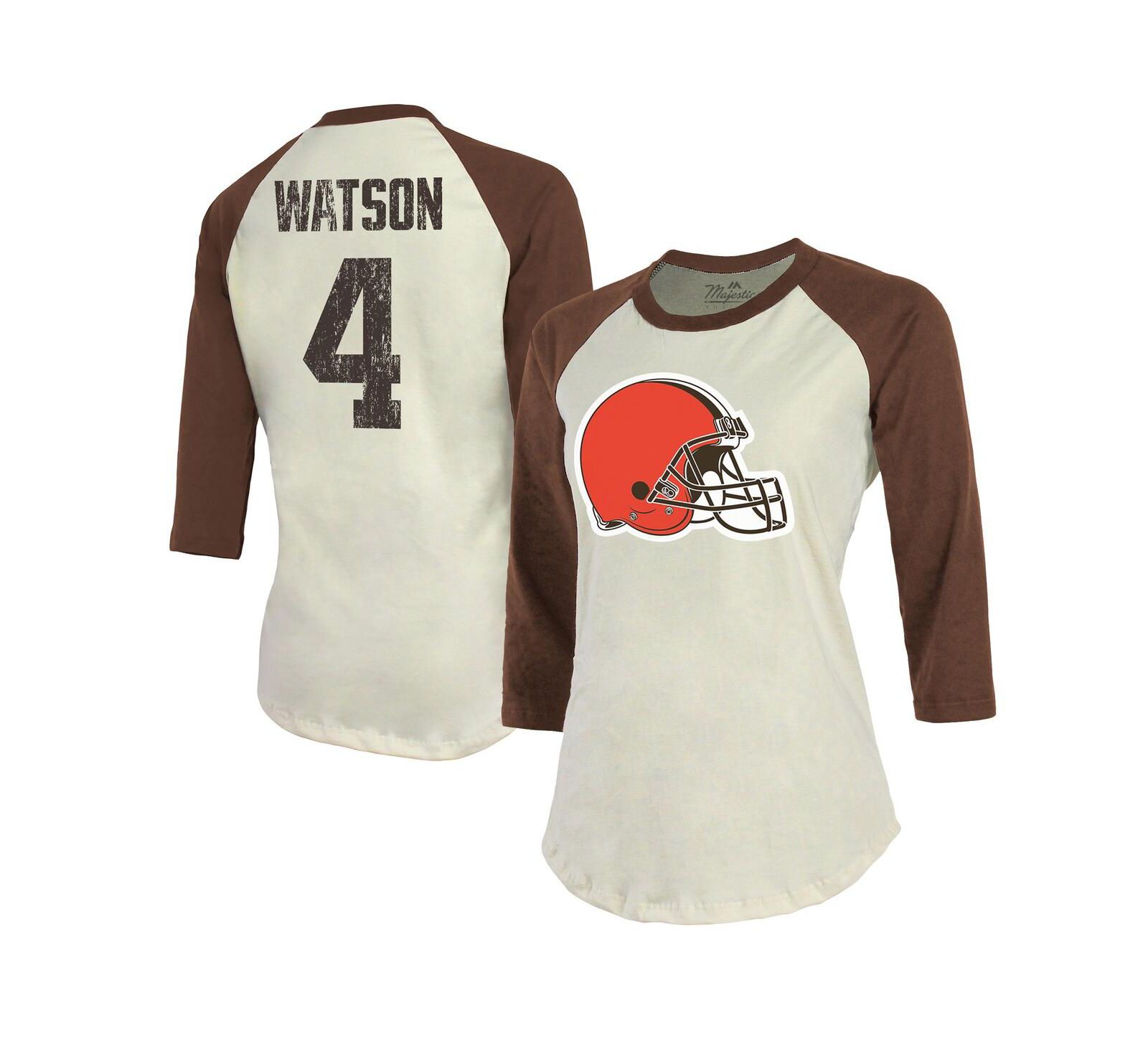 Женская футболка Majestic Threads Deshaun Watson Cleveland Browns, кремово-коричневая, рукав 3/4