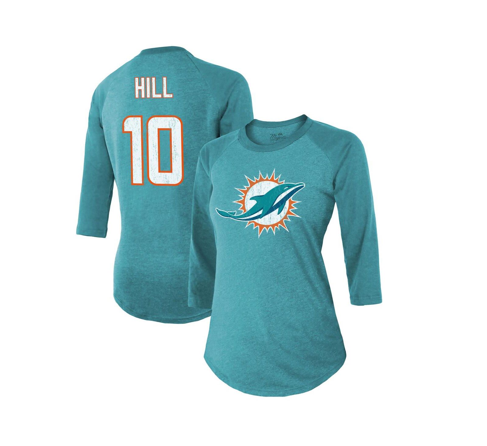 Женская футболка Majestic Threads Tyreek Hill Miami Dolphins с именем и номером, раглан, 3/4 рукава, аква