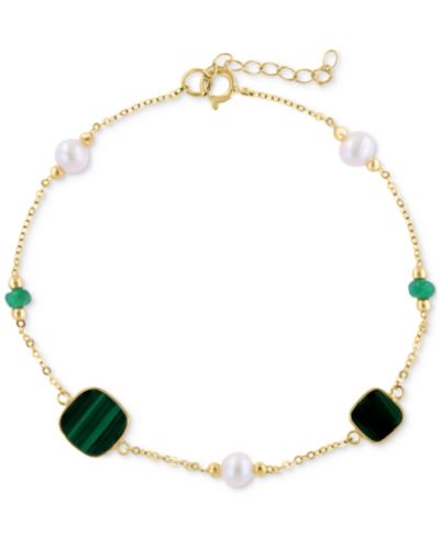 EFFY® Freshwater Pearl (4-1/2mm), Malachite, & Emerald (1/4 ct. t.w.) Link Bracelet in 14k Gold