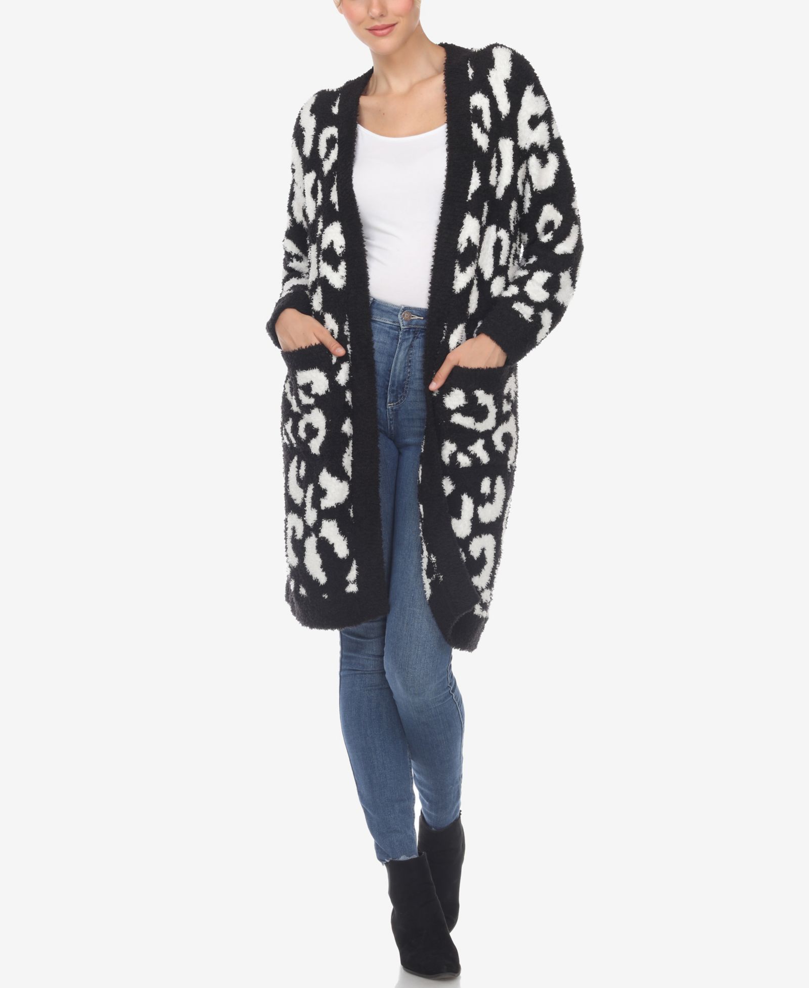 White Mark Women's Leopard Print Open Front Sherpa Cardigan