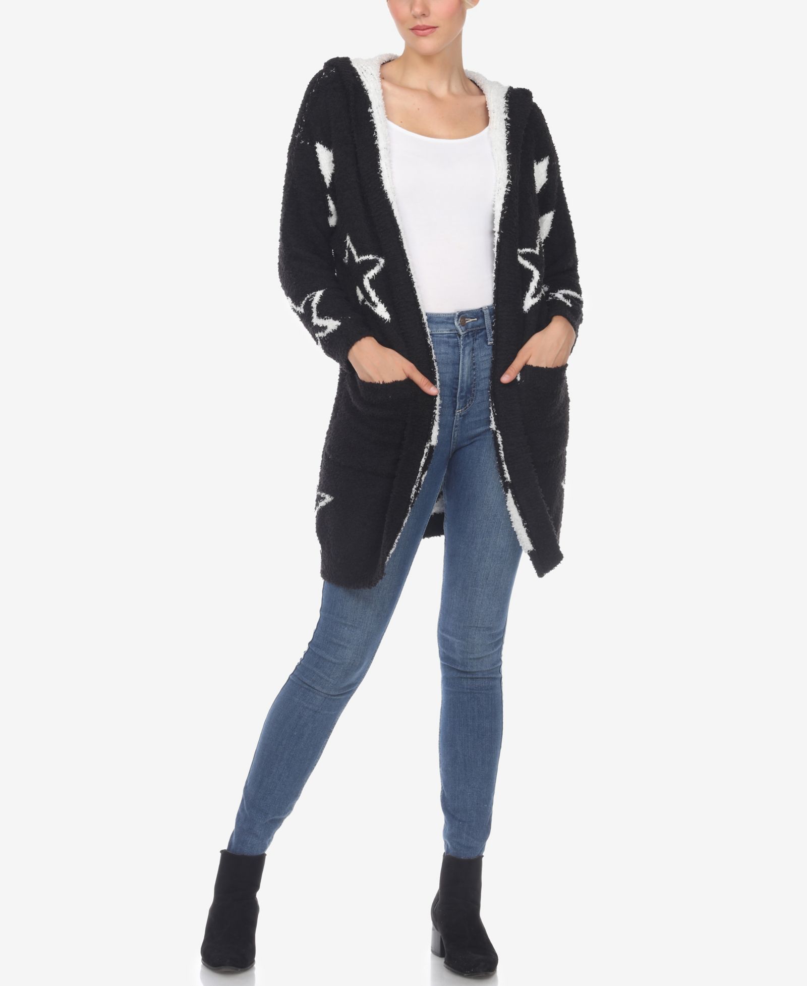 White Mark Women's Hooded Open Front Sherpa Cardigan