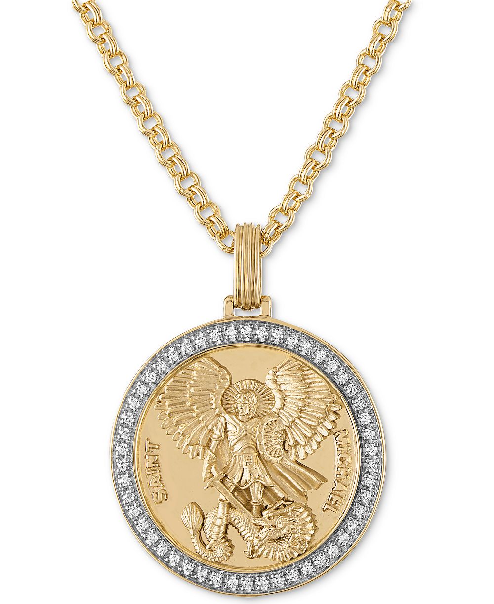 Esquire Men's Jewelry Diamond St. Michael Medallion 22" Pendant Necklace (1/4 ct. t.w.) in 18k Gold-Plated Sterling Silver, Created for Macy's