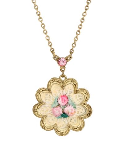2028 Gold-Tone White Pink Rose Knit Flower Necklace