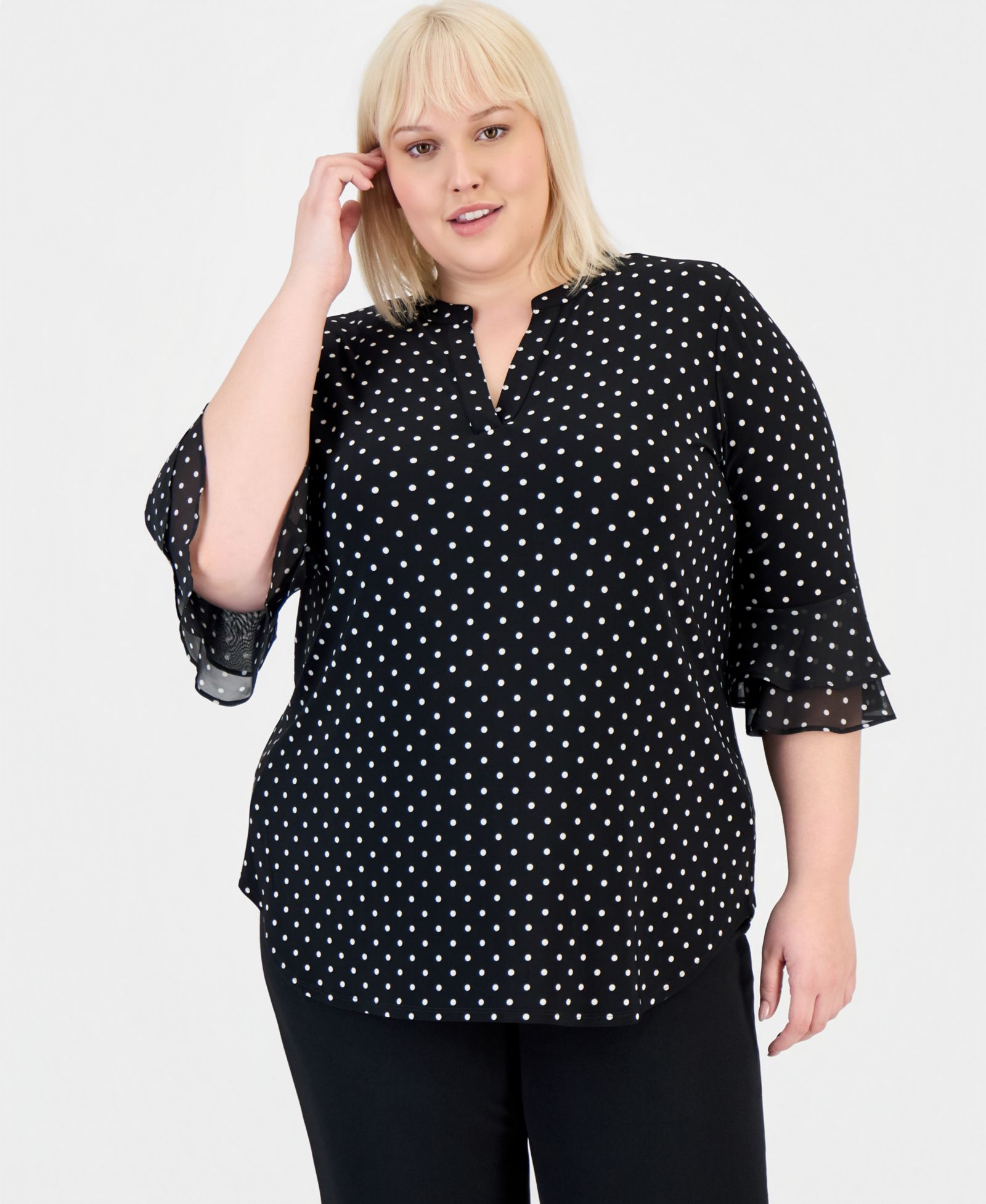 Kasper Plus Size Dot-Print Flutter-Sleeve Blouse