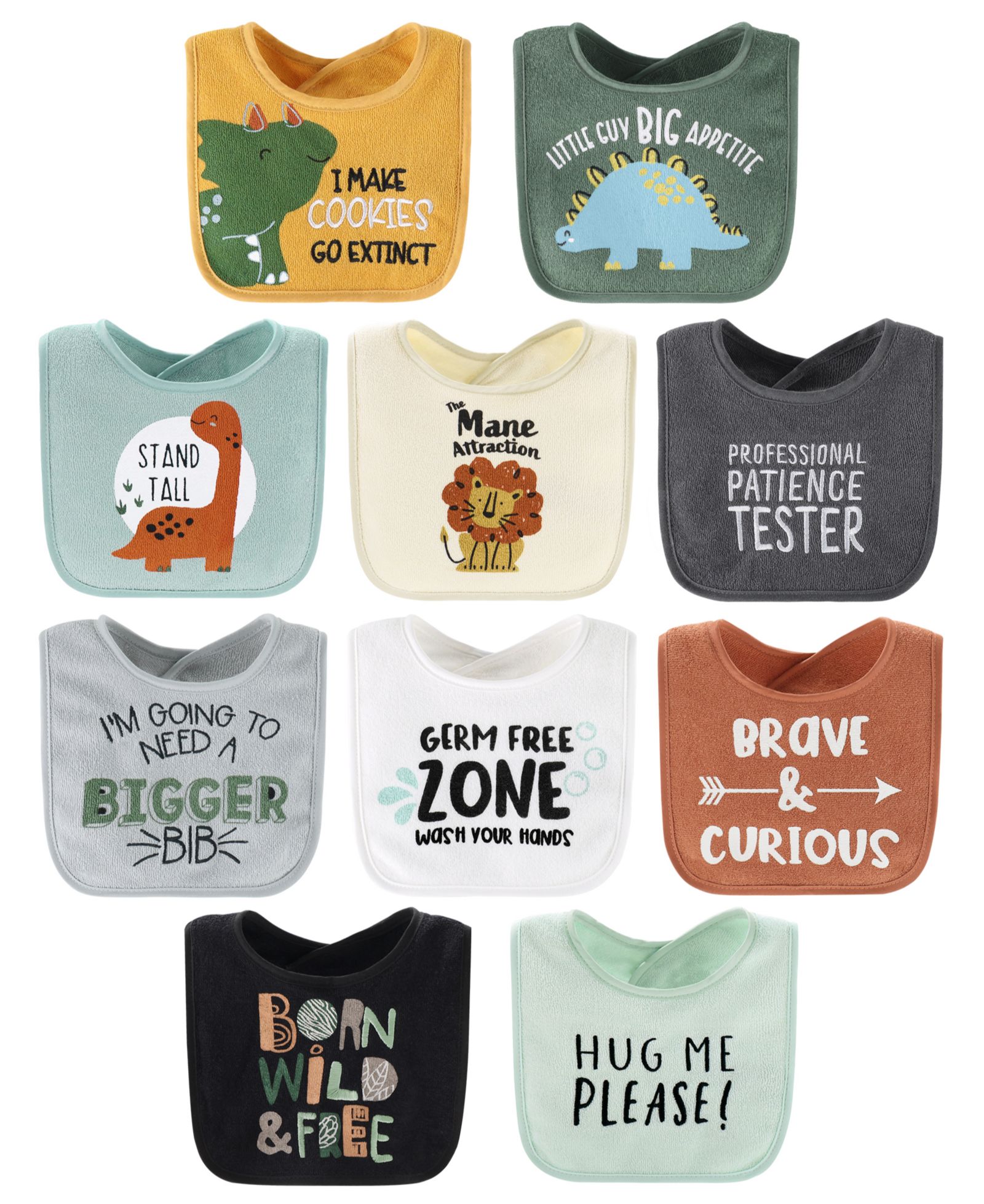 The Peanutshell Baby Boys Terry Feeding Bibs, 10 Pack, Dino