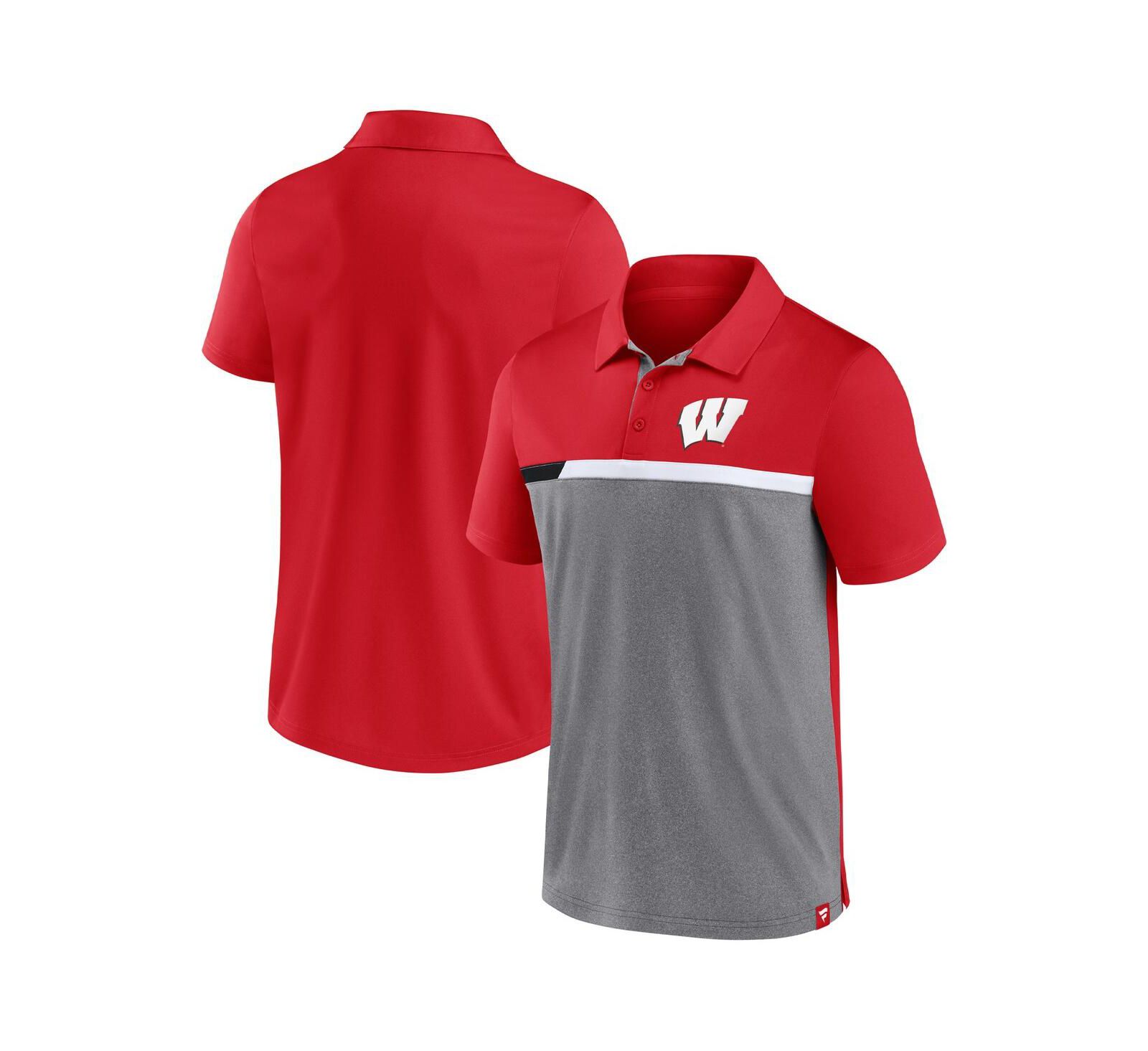 Мужская Fanatics Red and Heathered Gray Wisconsin Badgers Split Block Color Block Polo Shirt