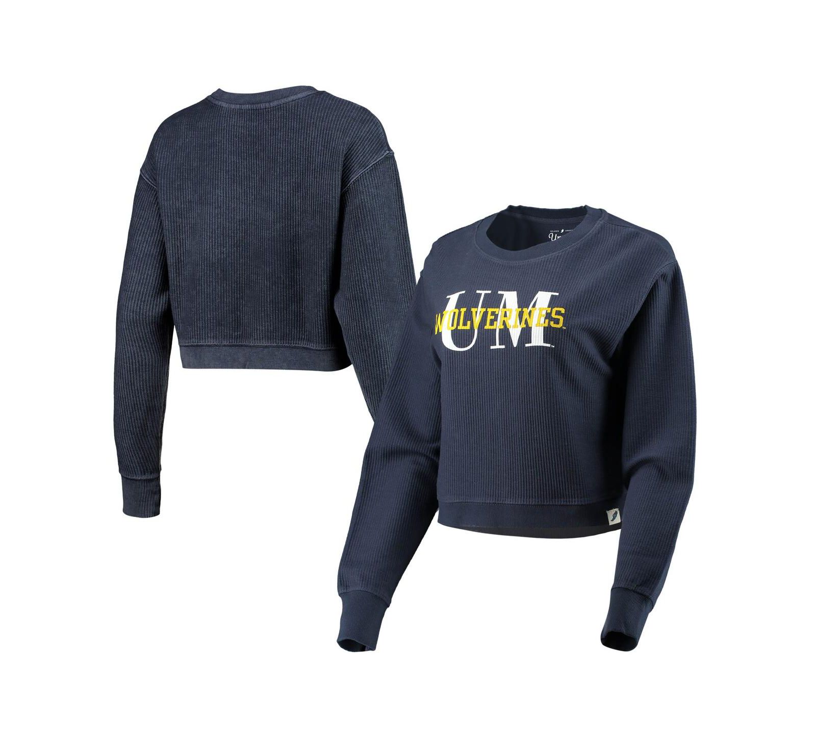 Women's League Collegiate Wear Navy Michigan Wolverines Classic Corded Timber Crop Pullover Sweatshirt