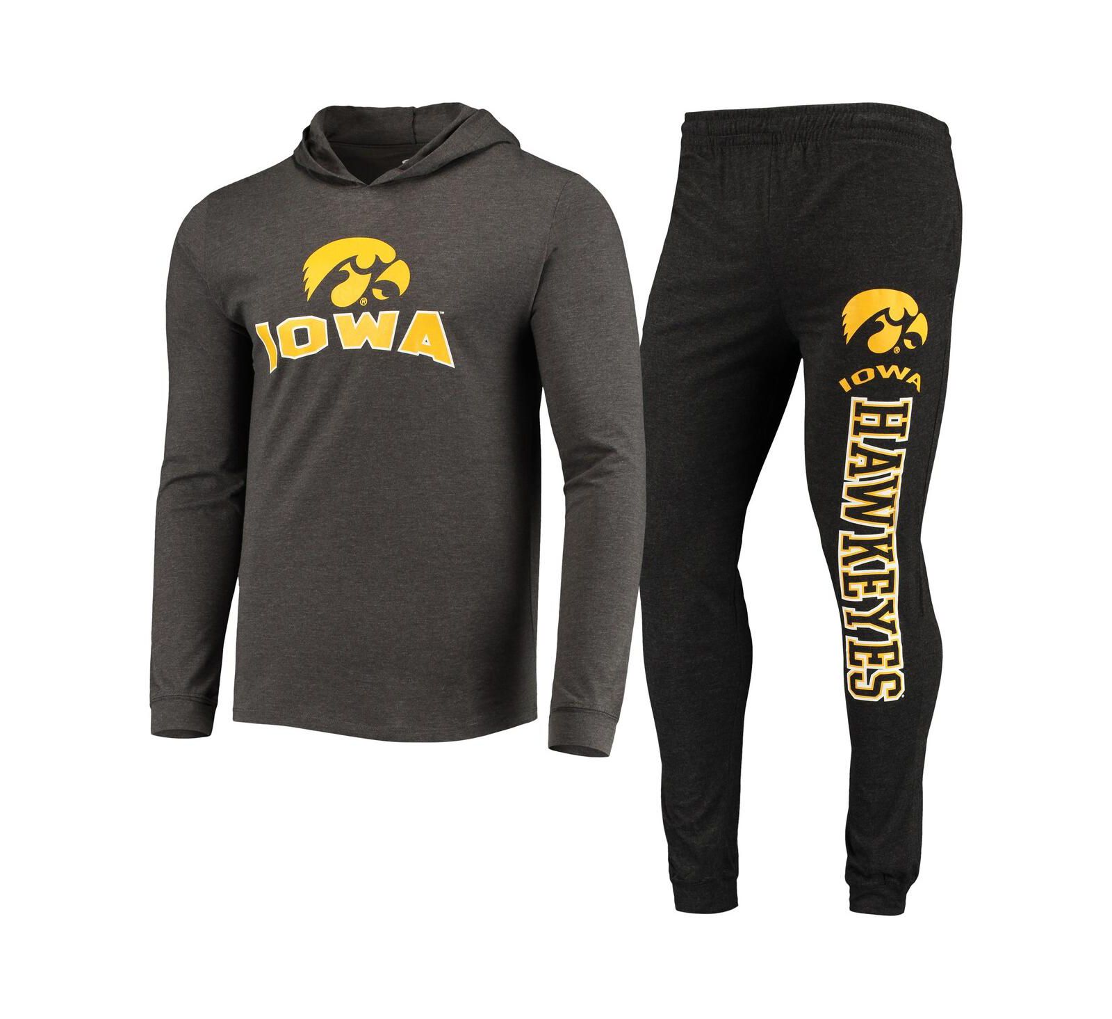 Men's Concepts Sport Black, Charcoal Iowa Hawkeyes Meter Long Sleeve Hoodie T-shirt and Jogger Pants Sleep Set