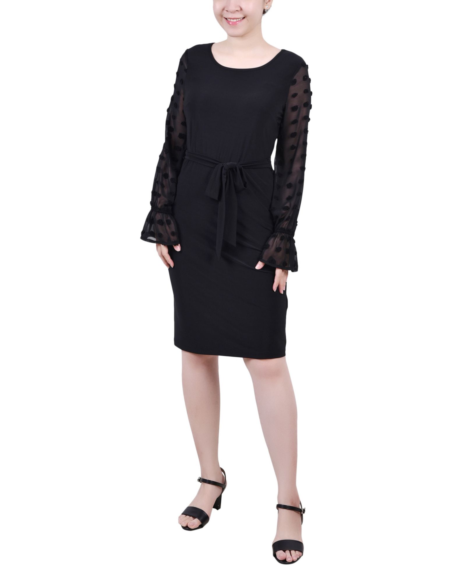 NY Collection Petite Long Chiffon-Sleeve Knit Dress