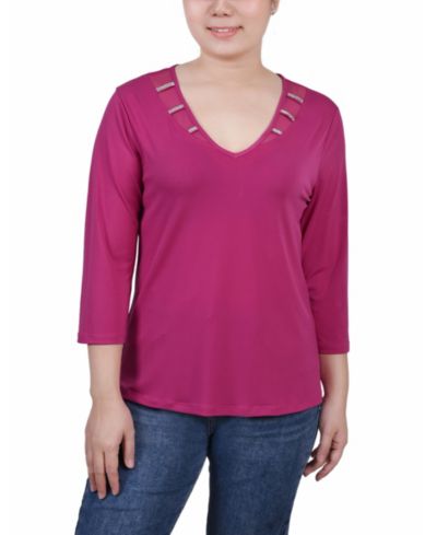 NY Collection Petite 3/4 Sleeve Top with Illusion Neckline and Stones