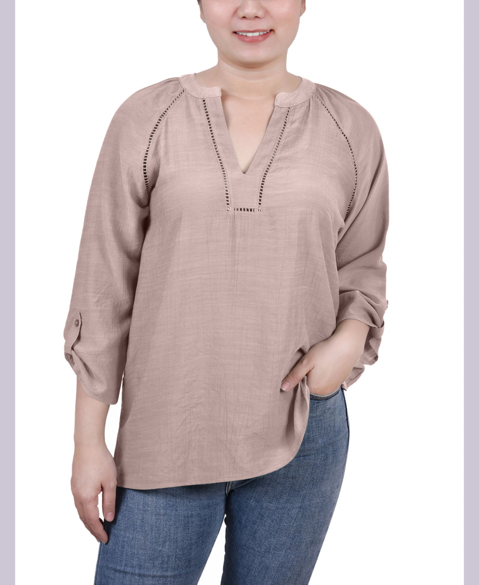 NY Collection Petite Raglan Sleeve Split Neck Blouse
