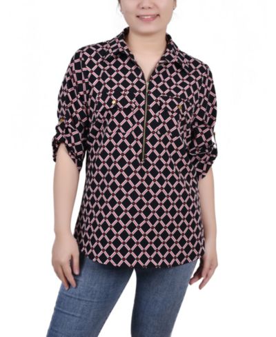NY Collection Petite 3/4 Roll Tab Sleeve Zip Front Top