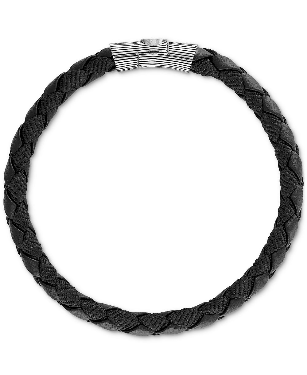 Esquire Мужской Jewelry Black Leather Woven Bracelet in Sterling Silver