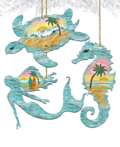 Designocracy Sea Turtle, Mermaid, Seahorse Holiday Ornaments, Set of 3
