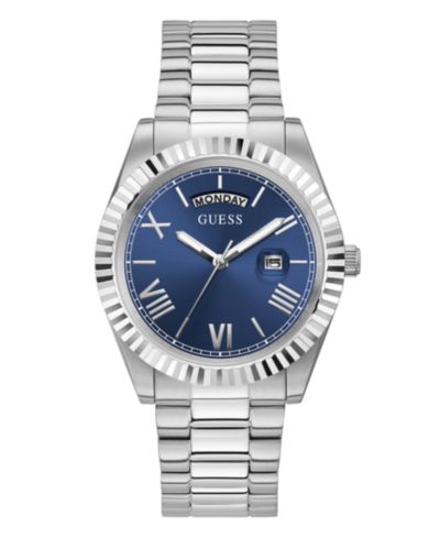 GUESS Men's Silver-Tone Stainless Steel Bracelet, Day, Date Watch, 42mm
