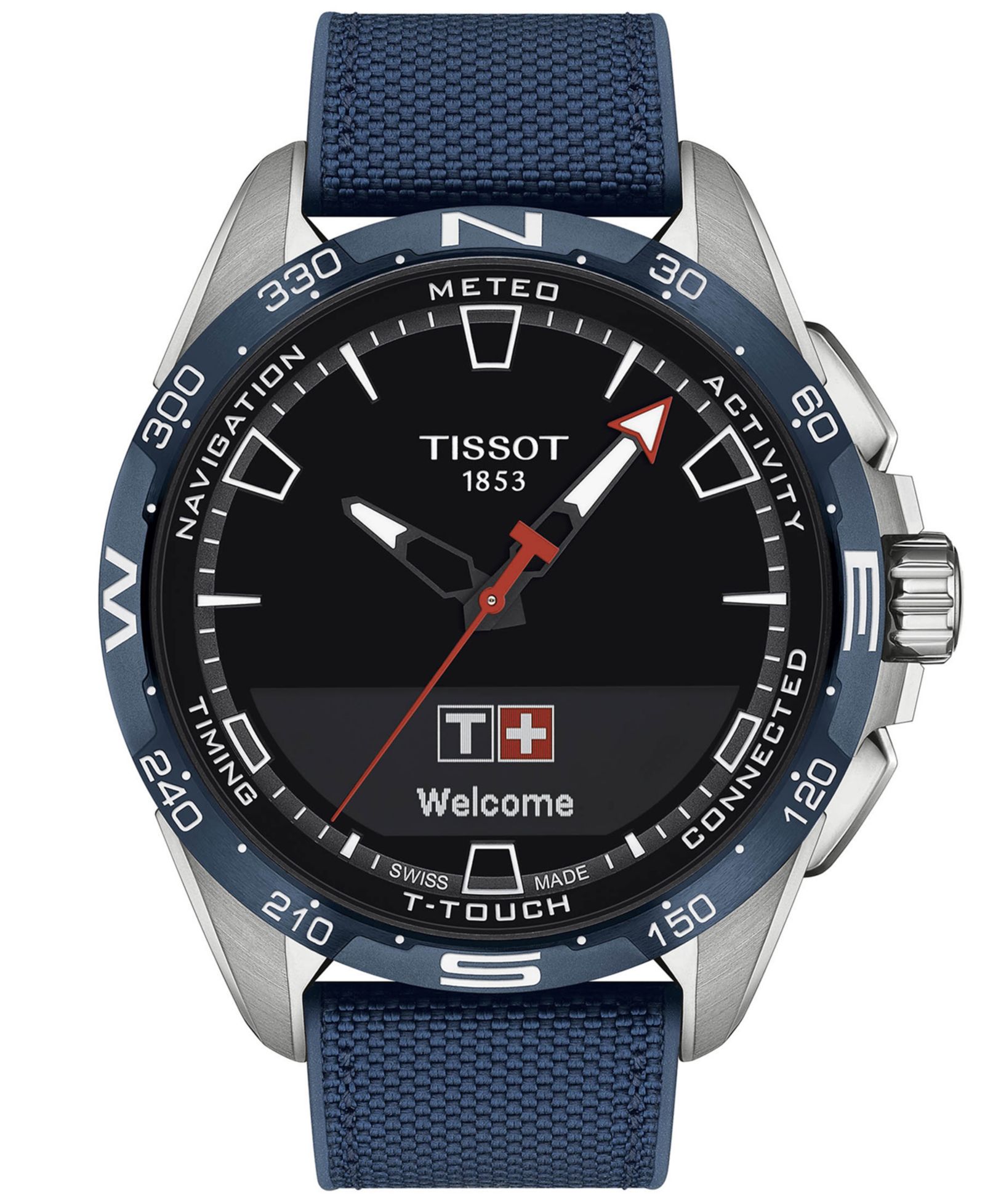 Tissot Мужские смарт-часы T-Touch Connect Solar Blue, текстильный и кожаный ремешок, 48mm