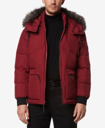 Marc New York Men's Down Bomber with Faux Fur Trim and Removable Hood