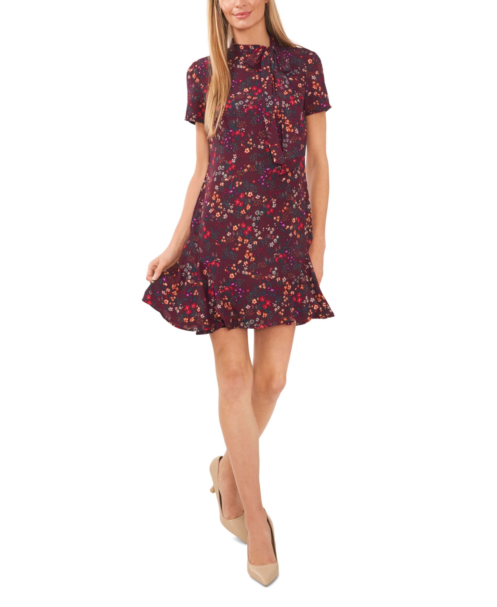 Женское платье CeCe Short Sleeve Printed Godet Dress With Bow Neck