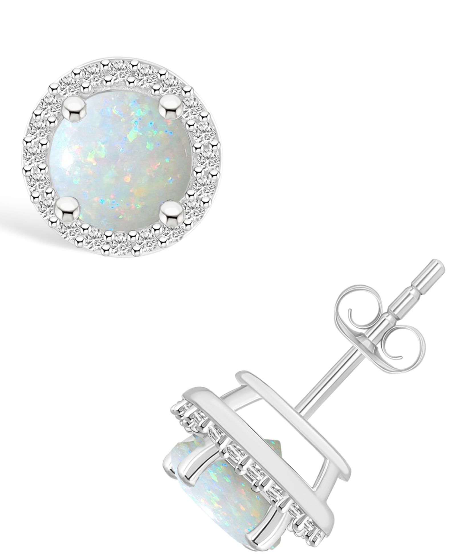 Серьги-гвоздики с выращенным опалом (3/4 ct. t.w.) и выращенным сапфиром (1/5 ct. t.w.) в оправе Halo из белого золота 10K