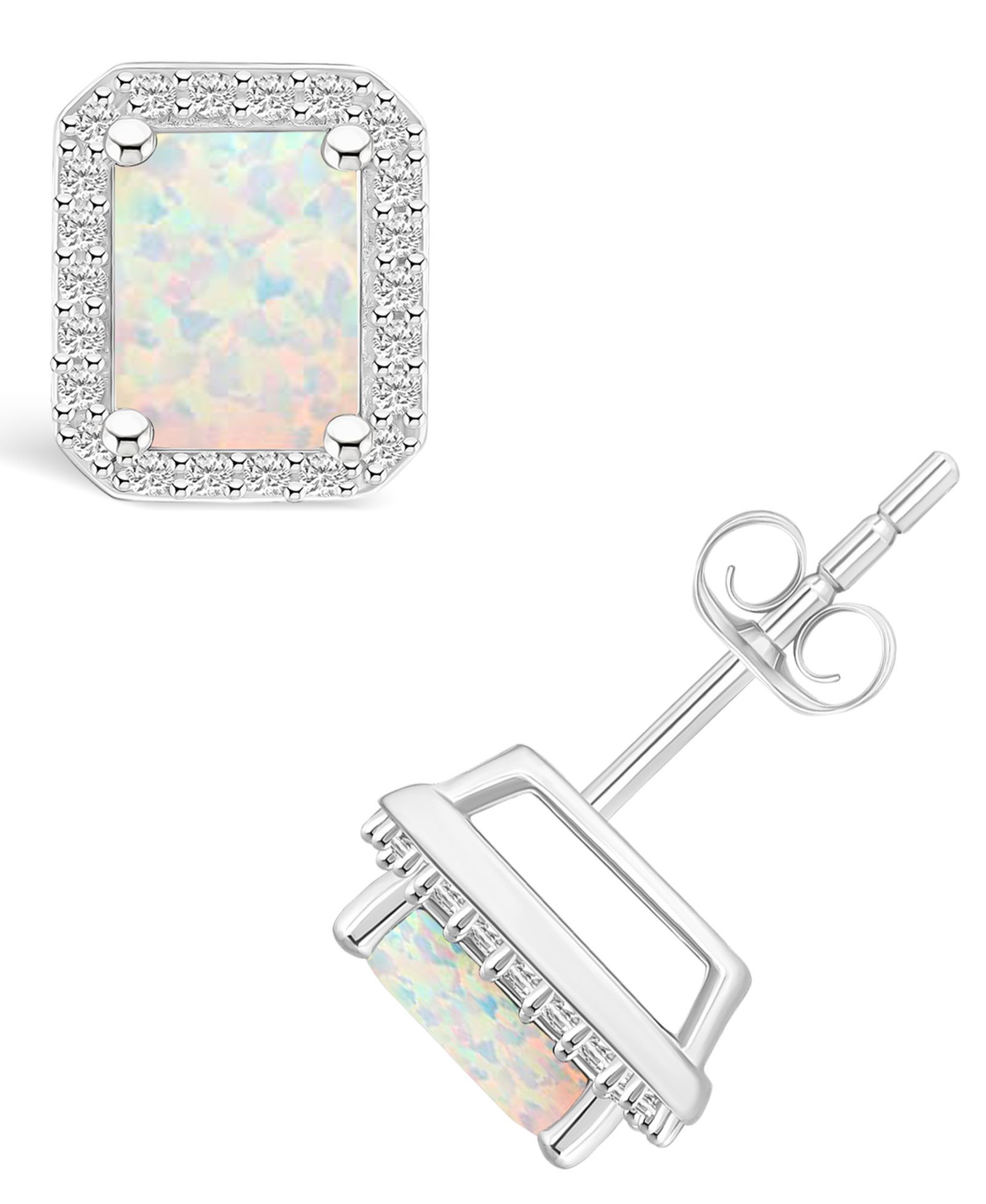 Серьги-гвоздики с Lab Grown Opal (9/10 ct. t.w.) и Lab Grown Sapphire (1/4 ct. t.w.) в 10K White Gold