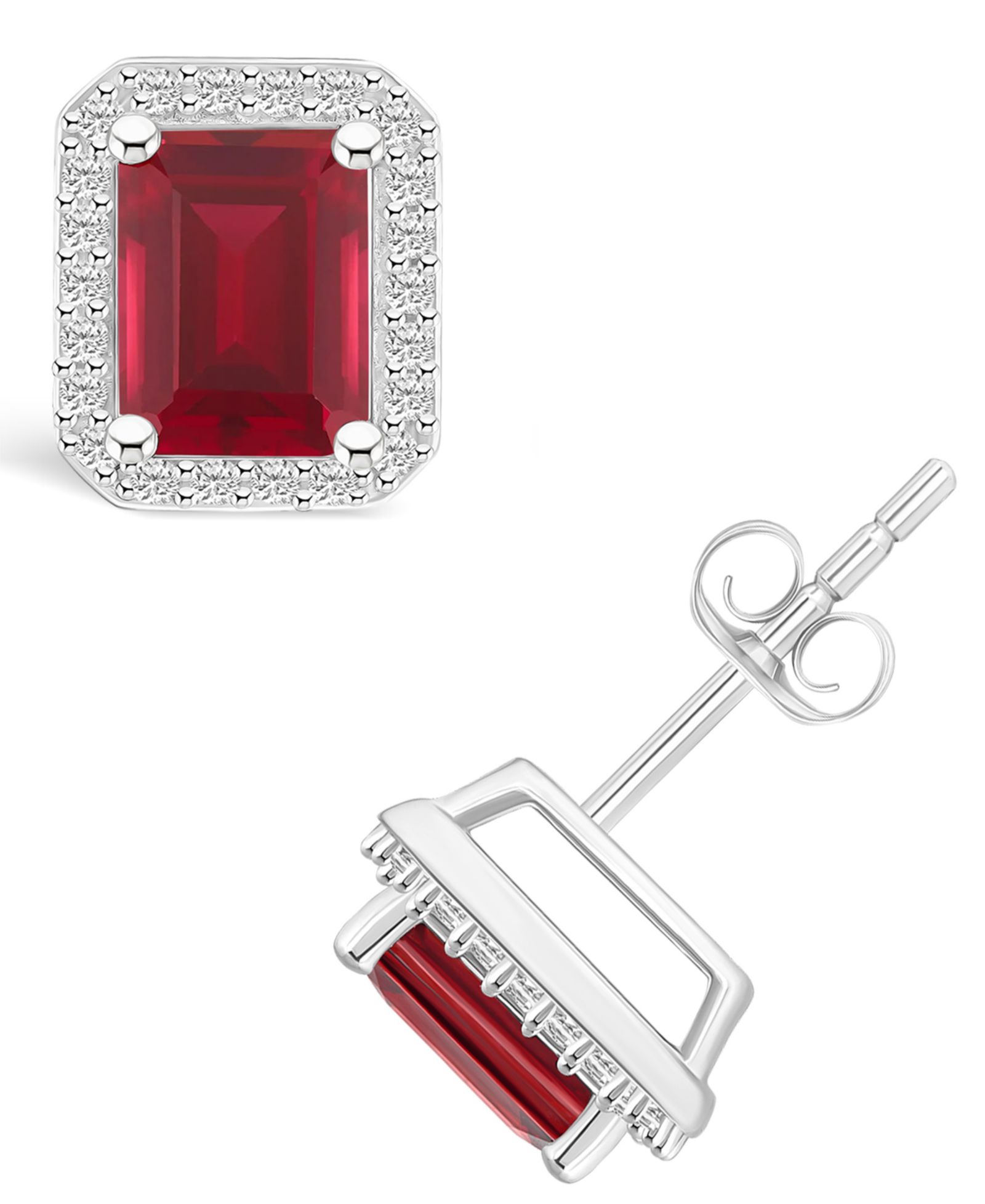 Серьги-пусеты с выращенным рубином (2-2/5 ct. t.w.) и выращенным сапфиром (1/4 ct. t.w.) в оправе Halo из белого золота 10K