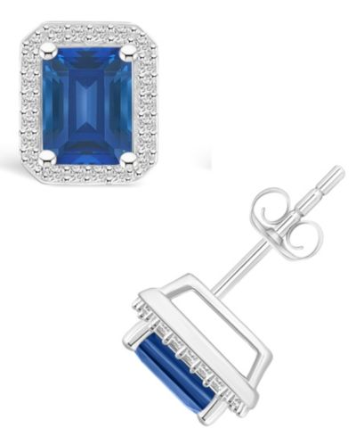 Серьги-гвоздики с выращенным сапфиром (2-1/3 ct. t.w.) и белым выращенным сапфиром (1/4 ct. t.w.) в оправе Halo из белого золота 10K