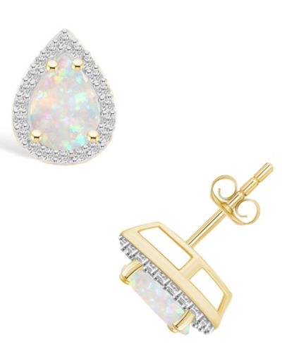 Macy's Серьги-гвоздики Lab Grown Opal (2/3 ct. t.w.) и Lab Grown Sapphire (1/5 ct. t.w.) Halo в 10K Yellow Gold