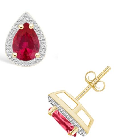 Серьги-гвоздики с выращенным рубином (1-1/2 ct. t.w.) и выращенным сапфиром (1/5 ct. t.w.) в оправе Halo из желтого золота 10K